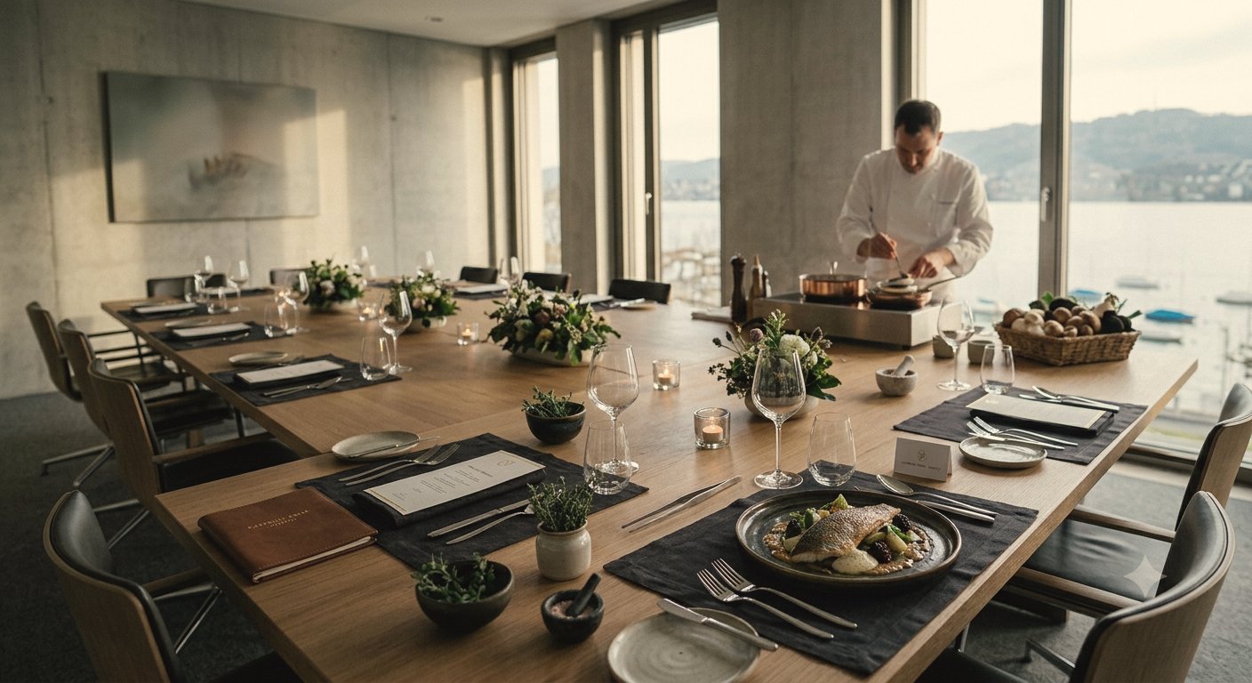 Boardroom dining in Zürich: table laid by candlelight in a private meeting room