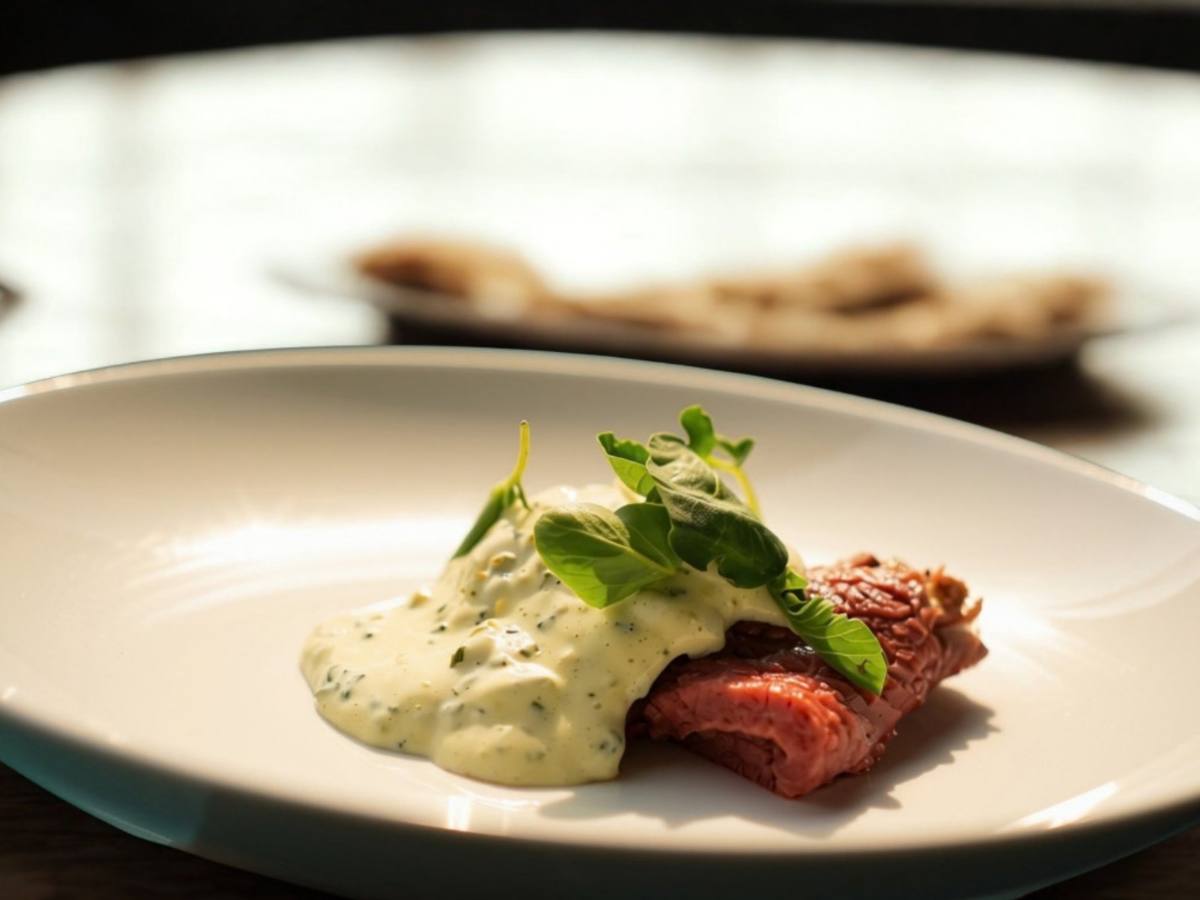 Roastbeef mit Kräutersauce und Erbsensprossen, angerichtet für ein Boardroom Dining in Zürich