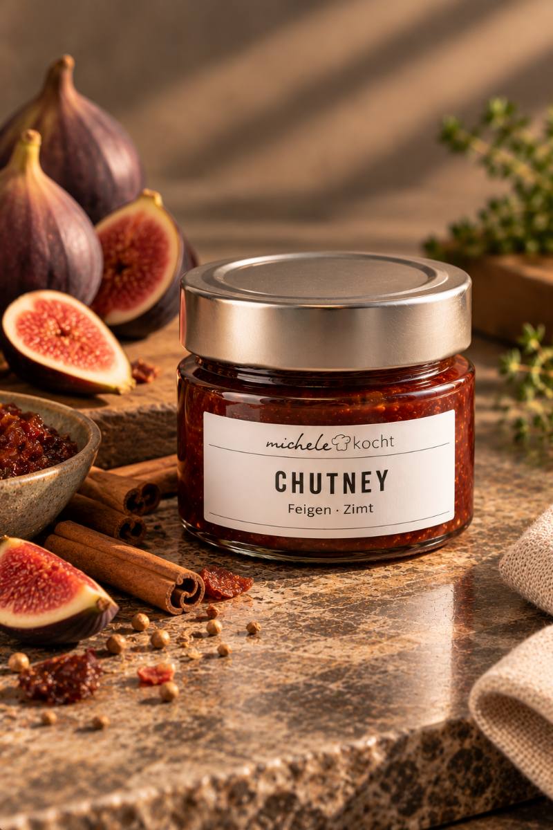 Hausgemachtes Feigen-Zimt-Chutney im Glas mit frischen Feigen und Zimtstangen, aus unserer Küche in Zürich