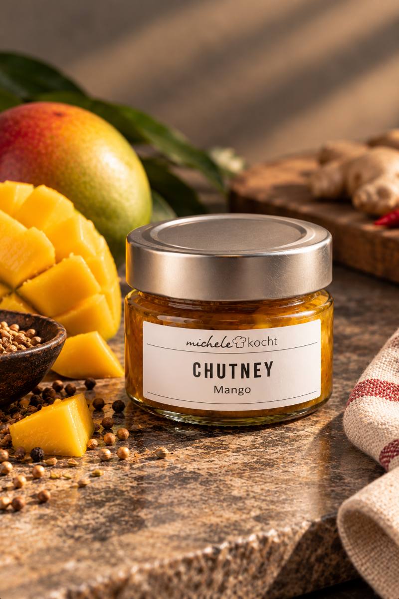 Hausgemachtes Mango-Chutney im Glas mit frischer Mango und Koriandersamen, aus unserer Küche in Zürich