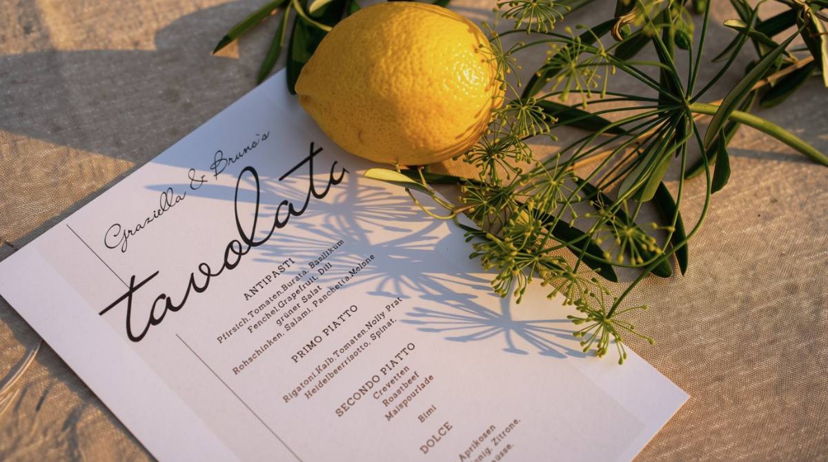 Custom tavolata menu card with a lemon and dill on linen: table decoration and event design, Zürich catering