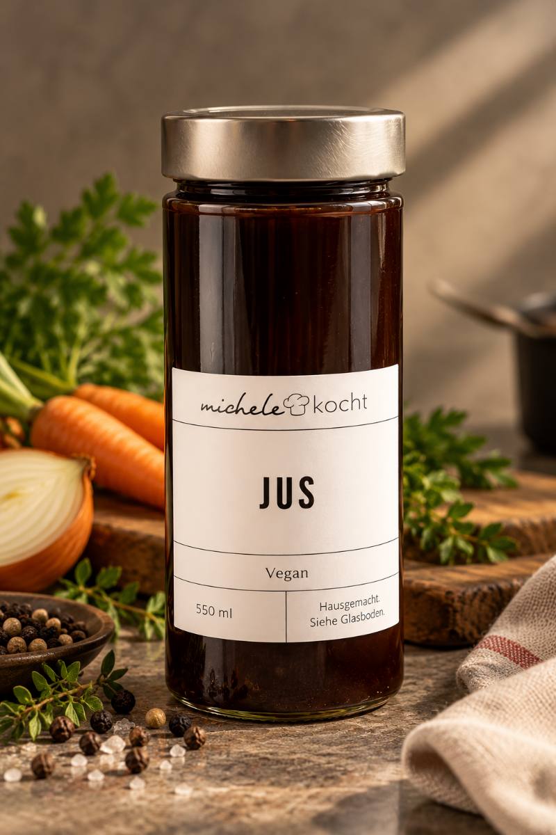 Hausgemachter veganer Jus im Glas mit Karotten, Zwiebel und Kräutern, aus unserer Küche in Zürich