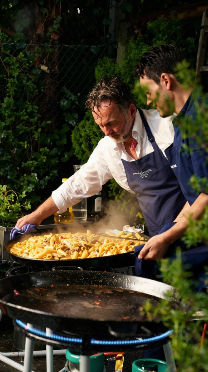 Live cooking in the garden: Michele and a chef tossing pasta in a large pan over an open flame, Zürich event catering