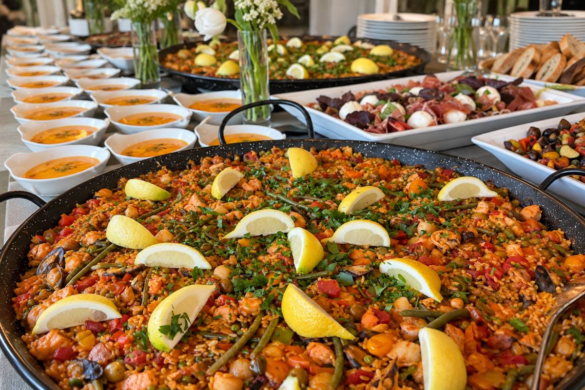 Grosse Pfanne Paella mit Zitronen auf dem Lunchbuffet: Büro-Catering in Zürich