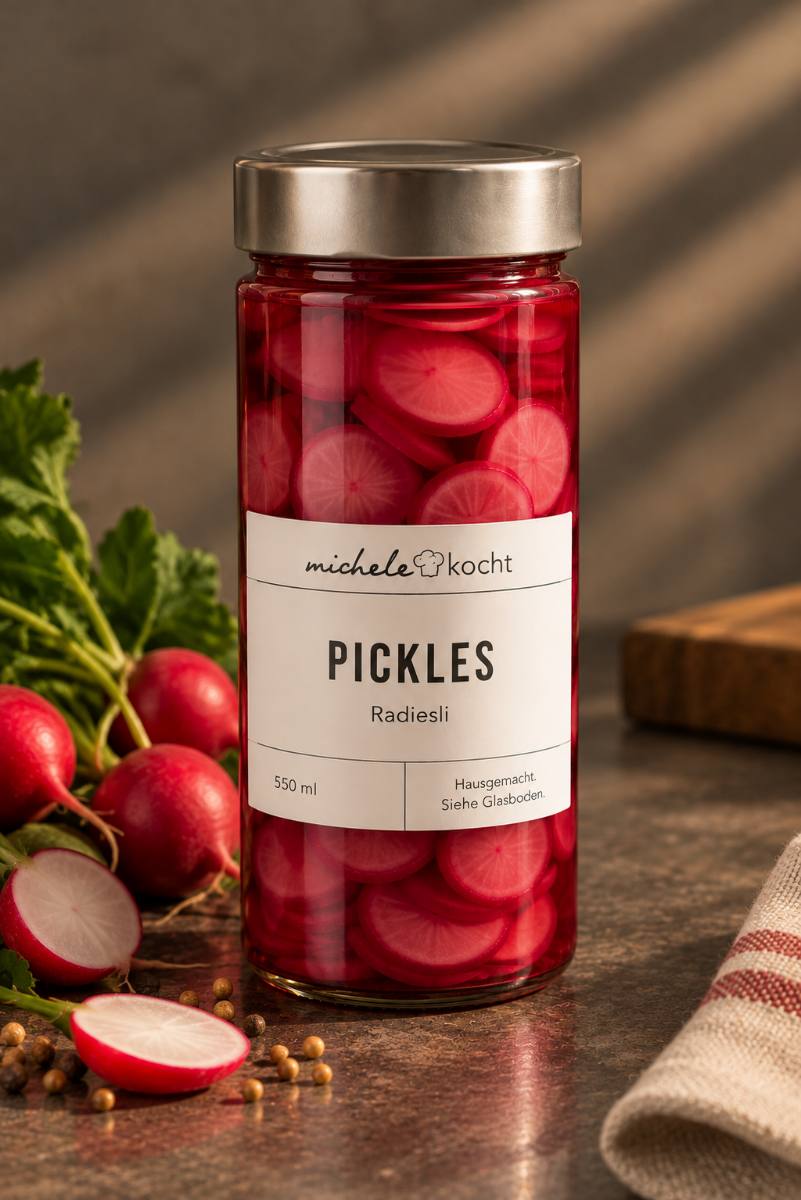 Hausgemachte Pickles: eingelegte Radiesli im Glas mit frischen Radiesli und Pfefferkörnern, aus unserer Küche in Zürich