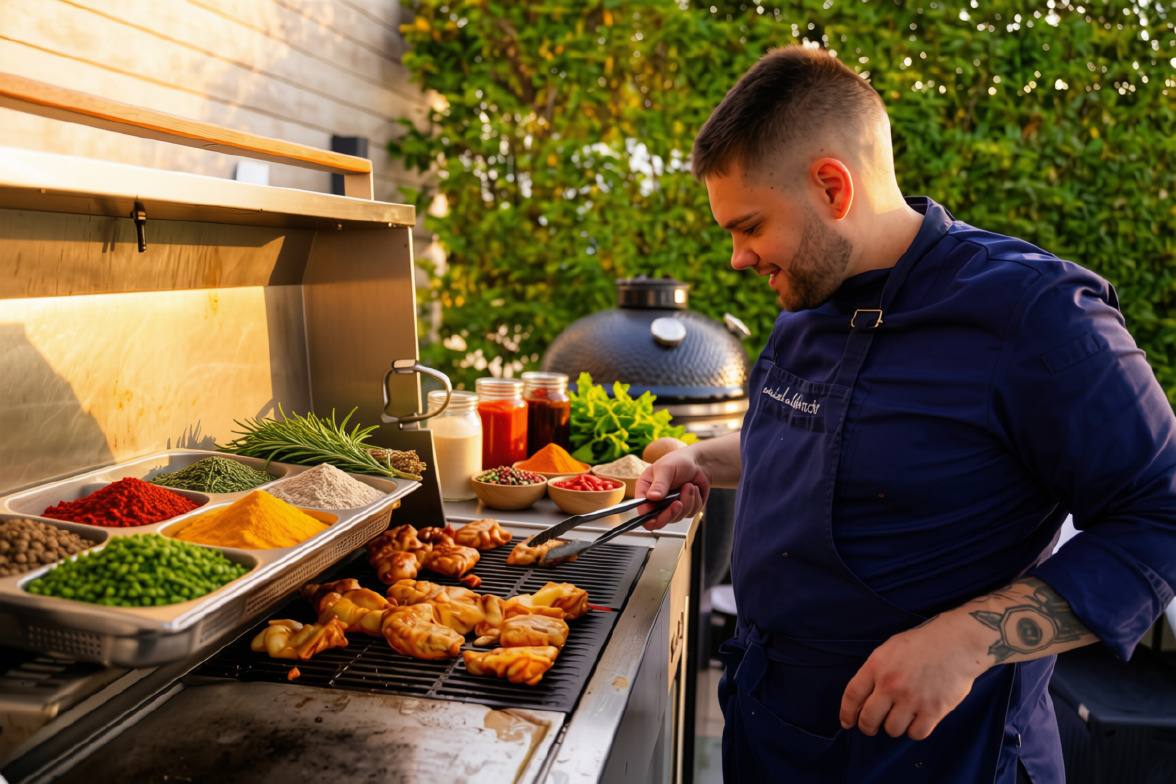 Koch grilliert Poulet im Garten, daneben Gewürze, Kräuter und Saucen: Privatkoch zu Hause in Zürich