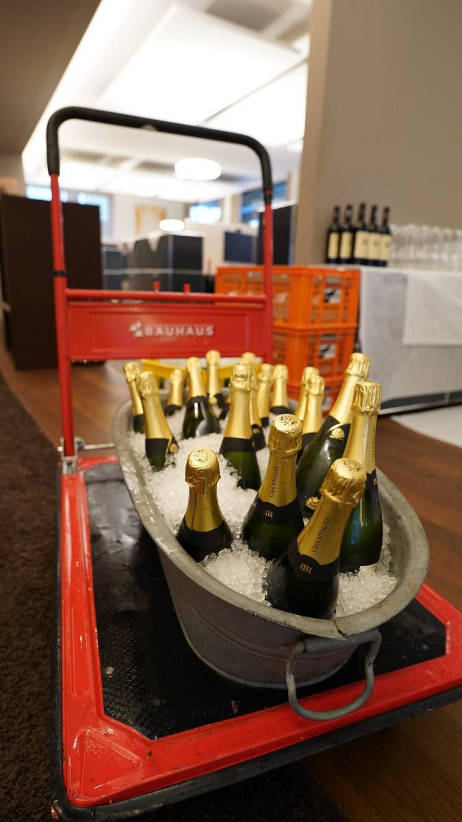 Champagne on ice in a zinc tub, ready for a company event in Zürich