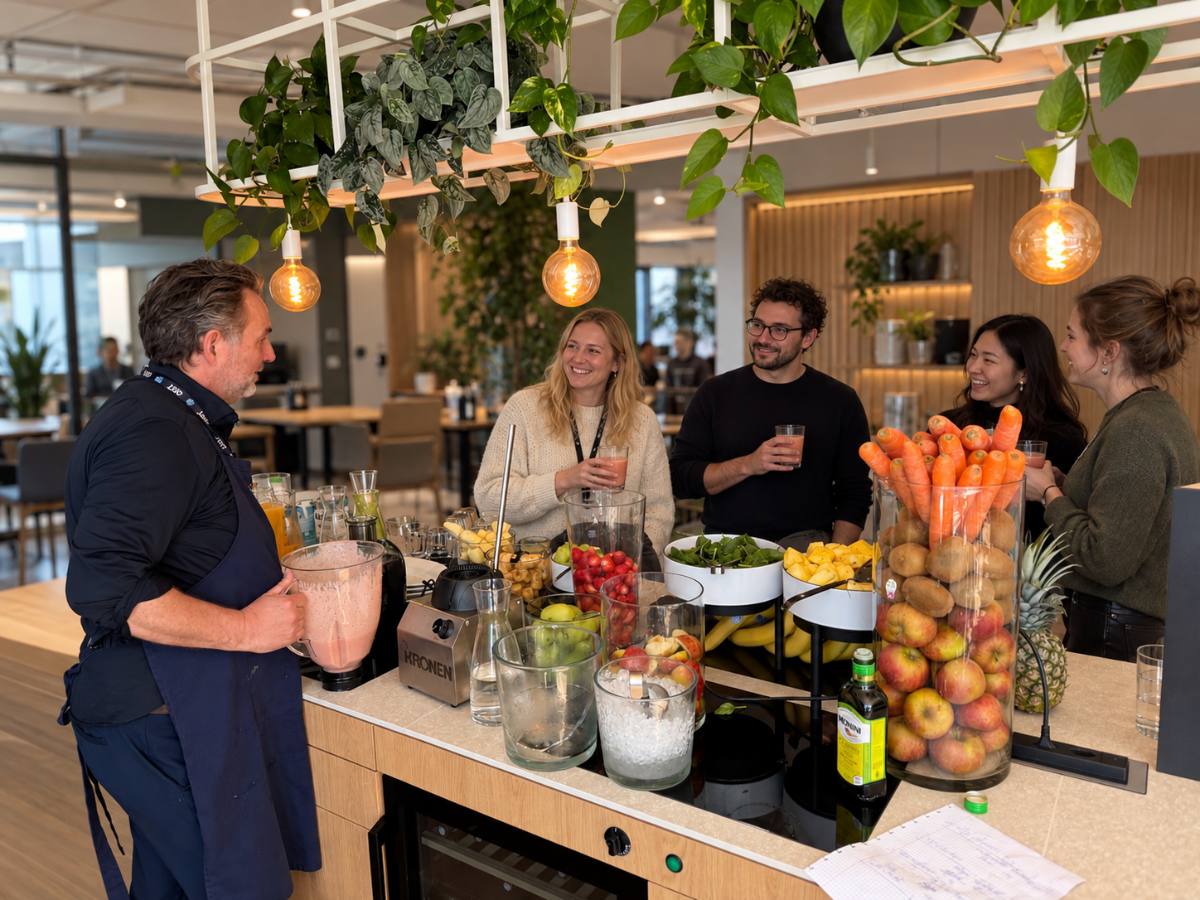 Smoothie-Bar im Büro: Ein Koch mixt frische Smoothies für Mitarbeitende, Firmencatering Zürich