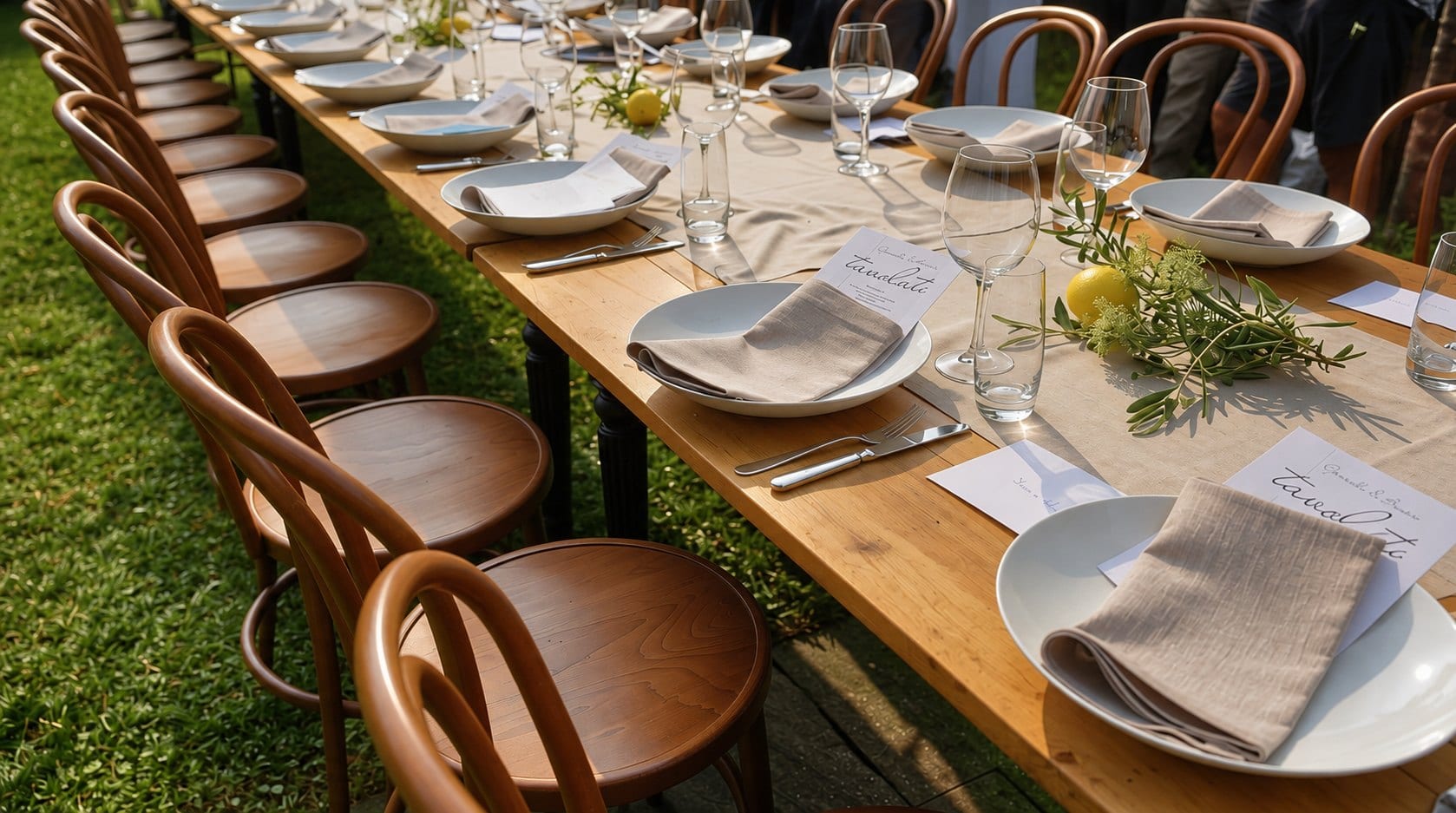 Lange Tafel auf der Wiese, gedeckt für eine Tavolata: Tischdekoration und Eventdekoration Zürich