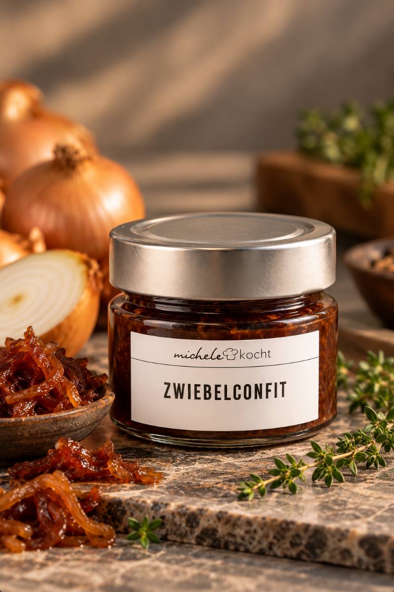Hausgemachtes Zwiebelconfit im Glas mit karamellisierten Zwiebeln und Thymian, aus unserer Küche in Zürich